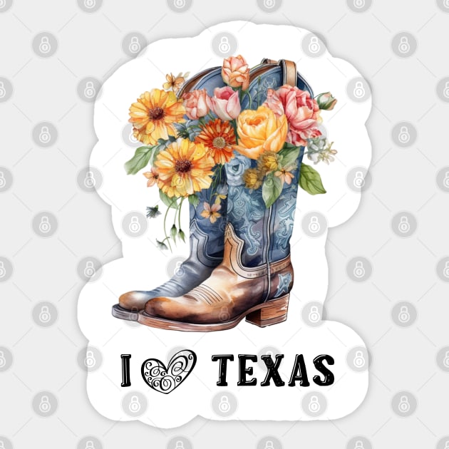 I Love Texas Boho Cowboy Boots Watercolor Art Sticker by AdrianaHolmesArt